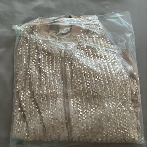 Amazon XL Satin Sequin Champaign Buff Gold Zipper Bomber Jacket NWT